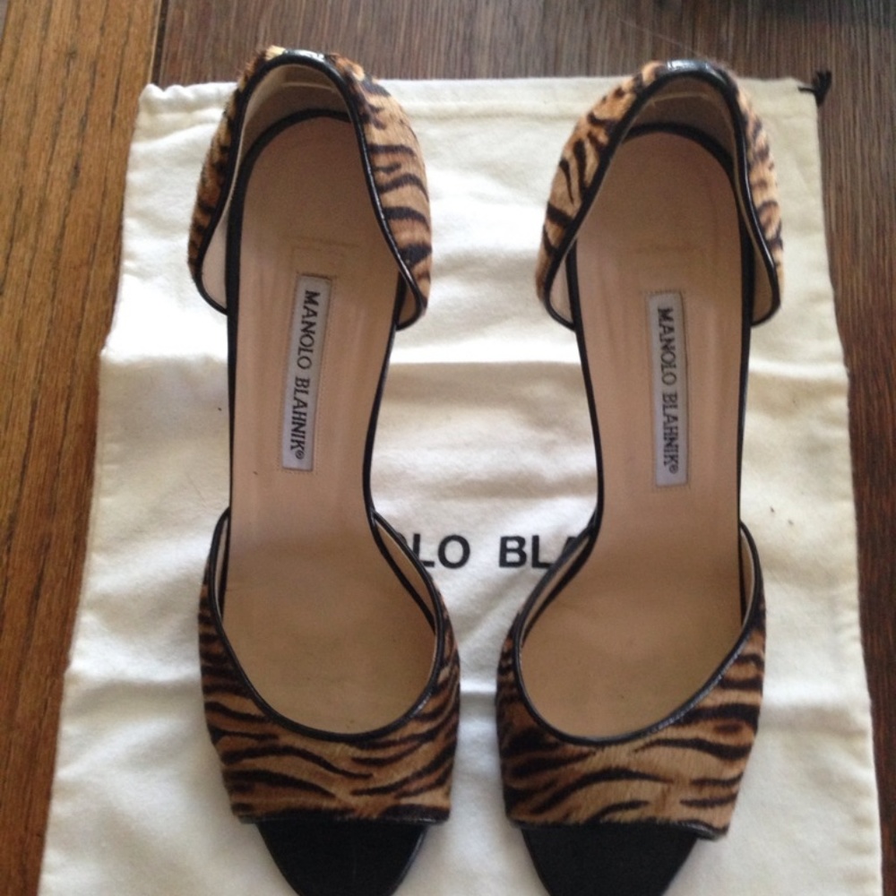 Manolo Blahnik Peep Toe Heels in Tiger Print